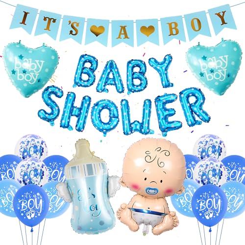 Baby Shower Dekoration Junge Blau - 38 Stück Babyparty Deko, Baby Shower Banner Folienballon, Its A Boy Girlande Banner, Babyflasche, Babyballon für Junge Gender Reveal Babyparty Deko von Runyuzi