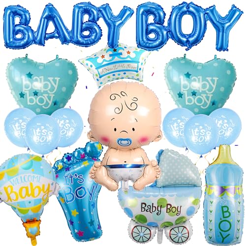 Babyparty Deko Junge Ballon Blau - 16 Stück Babyshowerparty Deko Junge Neugeborene Folienballon Its a Boy Deko Welcome Baby Heißluftballonförmiger Folienballon für Gender Reveal Babyparty Deko Junge von Runyuzi