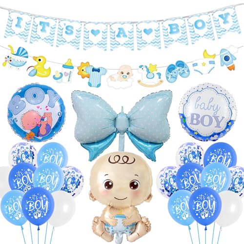 Babyparty Deko Junge Ballons Blau - 40 Stück Gender Reveal Party Dekoration Baby Shower Party Luftballons, It's A Boy Girlande Banner Neugeborene Folienballon für Taufe Babyshowerparty von Runyuzi