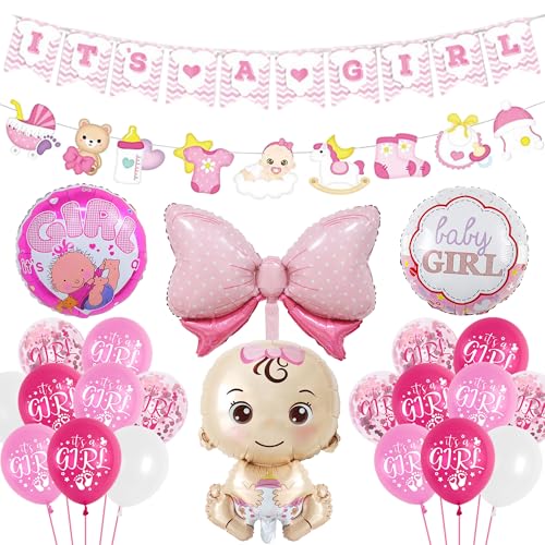 Babyparty Deko Mädchen Ballons Rosa - 41 Stück Gender Reveal Party Dekoration Baby Shower Party Luftballons, It's A Girl Girlande Banner Baby Girl Neugeborene Folienballon für Taufe Babyshowerparty von Runyuzi