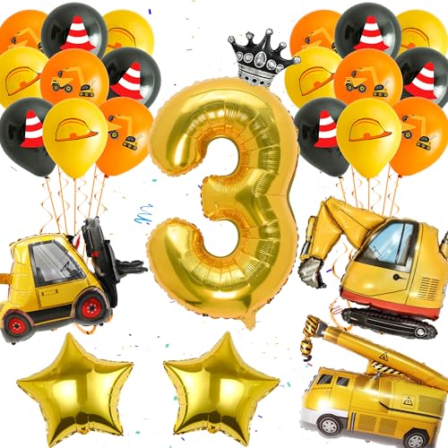 Bagger Ballon 3.Geburtstag Deko - 26 Stück Baustelle Geburtstag Ballon, Zahlen 3 Ballon, Bagger Ballon, Kran Ballon, Baustellen Thema Party Geburtstag Deko, Bagger Geburtstag Deko für 3 Jahre Junge von Runyuzi