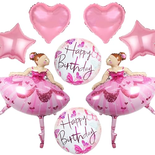 Ballerina Geburtstag Deko Ballon Mädchen – 8 Stück Rosa Ballerina Folienballon, herzförmige und Stern Folienballons, Ballett Prinzessin Ballons für Mädchen Geburtstag Deko Baby Shower Party Deko von Runyuzi