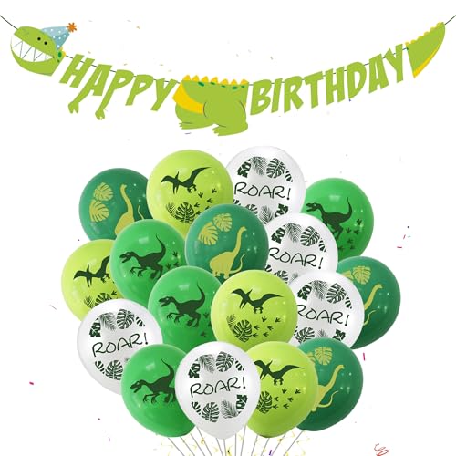 32 Stück Luftballons Dinosaurier Deko - Dino Kindergeburtstag Dekoration Grüner Weiß Latex Luftballons mit Happy Birthday Banner für Junge Mädchen Babyparty Dinosaurier Thema Partydekorationen von Runyuzi