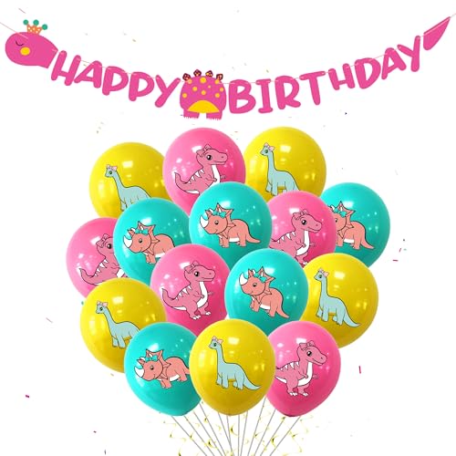 32 Stück Rosa Luftballons Dinosaurier - Dino Kindergeburtstag Dekoration Rosa Gelb Blau Latex Luftballons mit Happy Birthday Banner für Mädchen Babyparty Dinosaurier Thema Partydekorationen von Runyuzi