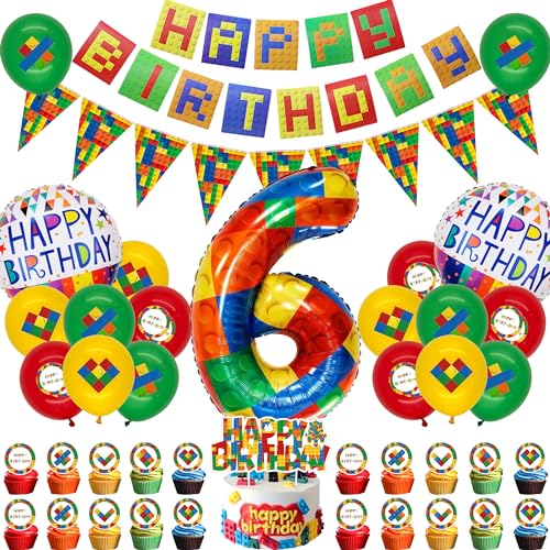 Bausteine Thema Geburtstag Party Deko - 6. Geburtstag Baustein Party Deko, Happy Birthday Banner, Zahl 6 Folienballon, Dreieck Flagge, Bausteine Kuchen Topper für Kinder Jungen Mädchen 6. Geburtstag von Runyuzi