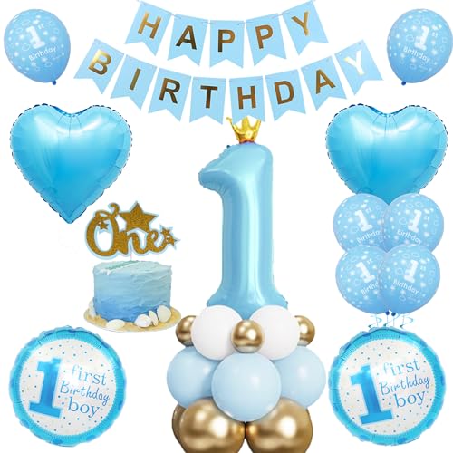 Blau 1. Geburtstag Deko Junge - 47 Stück 1. Geburtstagsdeko, Happy Birthday Banner, Blaue Krone Zahl 1 Ballons, Kuchendekoration, Blauer Liebesfolienballon für Jungen Kindergeburtstag Babyparty Deko von Runyuzi