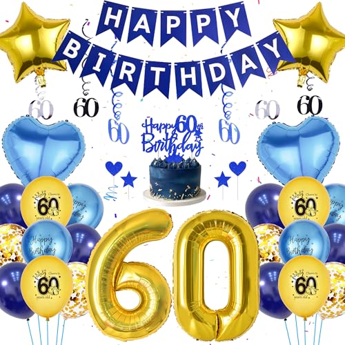 60.Geburtstag Deko Blau Gold - 51 Stück Blau Gold Geburtstag Deko, Happy Birthday Banner, Hanging Swirls, Gold Zahlenballon 60, Kuchendekoration, Folienballon für Mann Frauen 60. Geburtstagparty Deko von Runyuzi