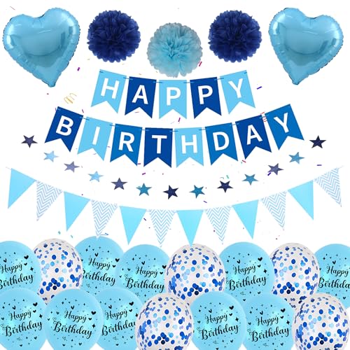 Blaues Luftballons Geburtstag Dekoration für Jungen - Happy Birthday Banner, Wimpel, 2m Sternen-Girlande, Blau Konfetti Ballons, Geeignet für alle Altersgruppen von Runyuzi