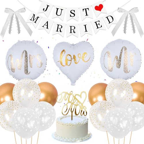 Just Married Deko Hochzeitsdeko Kit- 30 Stück Hochzeit Deko Lieferungen Just Married Banner Brautpaar Figuren Folienballon Schleife Runder Ballon für Standesamt Verlobung Hochzeitsfeier Deko von Runyuzi