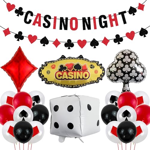 Casino Poker Party Ballons Deko - 49 Stücke Dekorationen für Männer Frauen Schwarz Rot Weiß Luftballons, Casino Night Banner Spielkarten Würfel Folienballon für Spiel Nacht Mottopary von Runyuzi