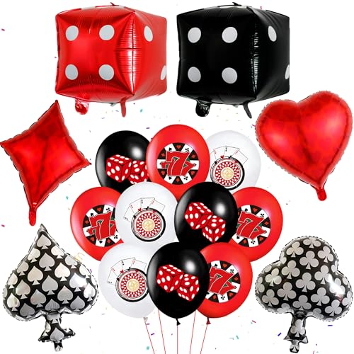 Casino Poker Party Dekorationen Ballons - 18 Stücke Casino-Thema Geburtstag Deko Spielkarten Luftballons rot schwarz Würfeldruck Karo Kreuz Pik Herz Folienballons für Männer Frauen Nacht Partydeko von Runyuzi