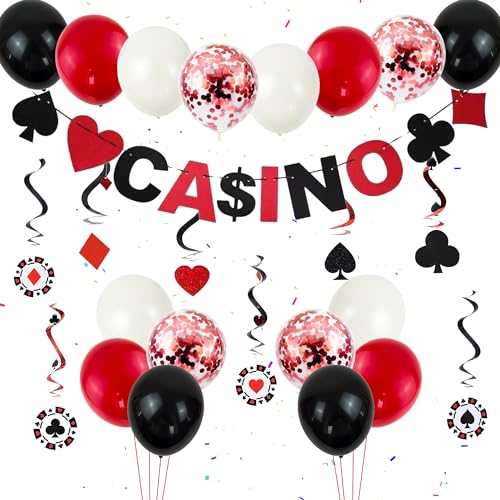 34 Stücke Casino Party Dekorationen - Schwarz Rot Weiß Luftballons Poker Geburtstag Deko Casino Banner Casino-Rad Casino-Schnur-Dekorationen für Männer Frauen Casino-Thema Spiel Nacht Partydeko von Runyuzi