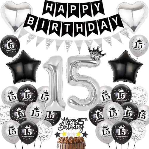 Deko 15 Geburtstag Mädchen Junge - 63 Stück Schwarz Silber Geburtstagsdeko mit Happy Birthday Banners, Stern Liebe Zahl Folienballon Konfetti Luftballons Tortendeko für Teenager Party Drinnen Draußen von Runyuzi