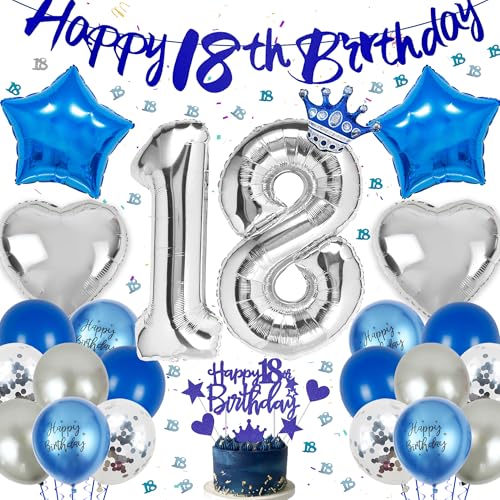 Deko 18. Geburtstag Blau Silber - 31 Stücke 18. Geburtstagsdeko Jungen Zahl Folienballon Happy 18th Birthday Banner Stern Herz Luftballons Konfetti Tortendeko für Junge Mädchen 18 Party Dekoration von Runyuzi