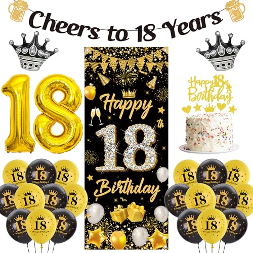 Deko 18. Geburtstag Junge Mädchen - 48 Stück Schwarz Gold Geburtstagsdeko Happy Birthday Banner Hintergrund, Cheers to 18 Years Girlande Zahlen Luftballons Kuchendeko für Geburtstagsparty von Runyuzi