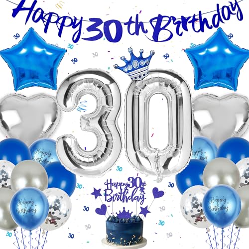 Deko 30. Geburtstag Blau Silber - 31 Stücke 30. Geburtstagsdeko Mann Zahl Folienballon Happy 30th Birthday Banner Stern Herz Luftballons Konfetti Tortendeko für Männer Frauen 30 Party Dekoration von Runyuzi