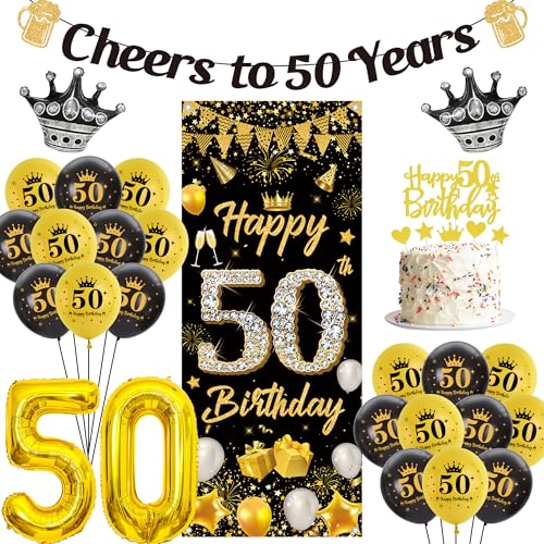 Deko 50. Geburtstag Mann Frau - 48 Stück Schwarz Gold Geburtstagsdeko Zahlen Luftballons Happy 50th Birthday Banner Hintergrund, Cheers to 50 years Girlande Kuchendeko für Geburtstagsparty von Runyuzi