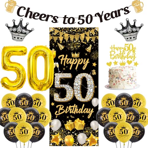 Deko 50. Geburtstag Mann Frau - 48 Stück Schwarz Gold Geburtstagsdeko Zahlen Luftballons Happy 50th Birthday Banner Hintergrund, Cheers to 50 years Girlande Kuchendeko für Geburtstagsparty von Runyuzi