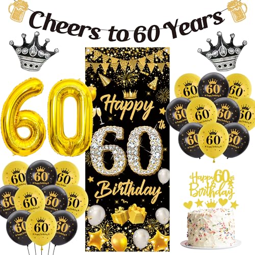 Deko 60. Geburtstag Mann Frau - 48 Stück Schwarz Gold Geburtstagsdeko Zahlen Luftballons Happy Birthday Banner Hintergrund, Cheers to 60 Years Girlande Kuchendeko für Geburtstagsparty von Runyuzi