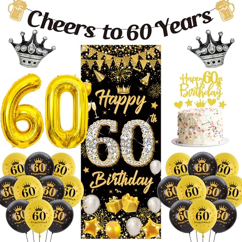 Deko 60. Geburtstag Mann Frau - 48 Stück Schwarz Gold Geburtstagsdeko Zahlen Luftballons Happy 60th Birthday Banner Hintergrund, Cheers to 60 years Girlande Kuchendeko für Geburtstagsparty von Runyuzi