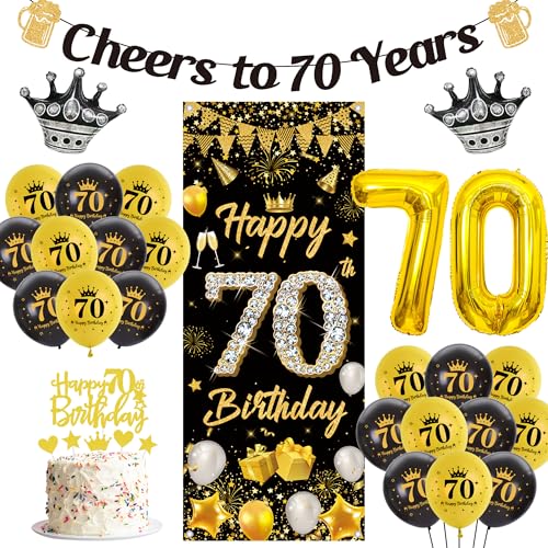 Deko 70. Geburtstag Mann Frau - 48 Stück Schwarz Gold Geburtstagsdeko Zahlen Luftballons Happy 70th Birthday Banner Hintergrund, Cheers to 70 Years Girlande Kuchendeko für Geburtstagsparty von Runyuzi