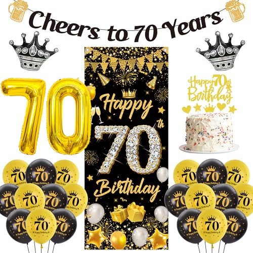 Deko 70. Geburtstag Mann Frau - 48 Stück Schwarz Gold Geburtstagsdeko Zahlen Luftballons Happy 70th Birthday Banner Hintergrund, Cheers to 70 Years Girlande Kuchendeko für Geburtstagsparty von Runyuzi