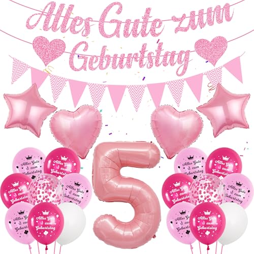 Deko Luftballon 5. Geburtstag Mädchen - Rosa 5 Geburtstag Deko, Alles Gute zum Geburtstag Banner, Zahl Ballon 5, Konfetti Luftballons, Partydeko für Mädchen zum 5 von Runyuzi