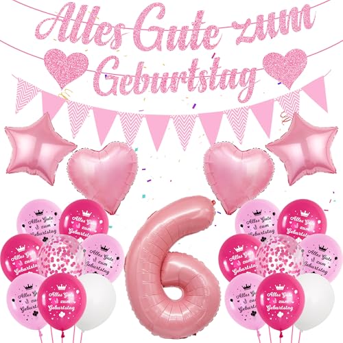 Deko Luftballon 6. Geburtstag Mädchen - Rosa 6 Geburtstag Deko, Alles Gute zum Geburtstag Banner, Zahl Ballon 6, Konfetti Luftballons, Partydeko für Mädchen zum 6 von Runyuzi