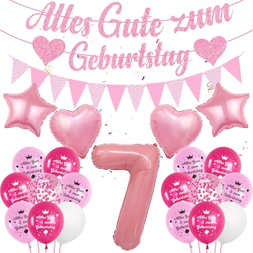 Deko Luftballon 7. Geburtstag Mädchen - Rosa 7 Geburtstag Deko, Alles Gute zum Geburtstag Banner, Zahl Ballon 7, Konfetti Luftballons, Partydeko für Mädchen zum 7 von Runyuzi