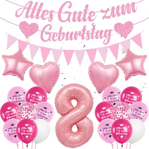 Deko Luftballon 8. Geburtstag Mädchen - Rosa 8 Geburtstag Deko, Alles Gute zum Geburtstag Banner, Zahl Ballon 8, Konfetti Luftballons, Partydeko für Mädchen zum 8 von Runyuzi