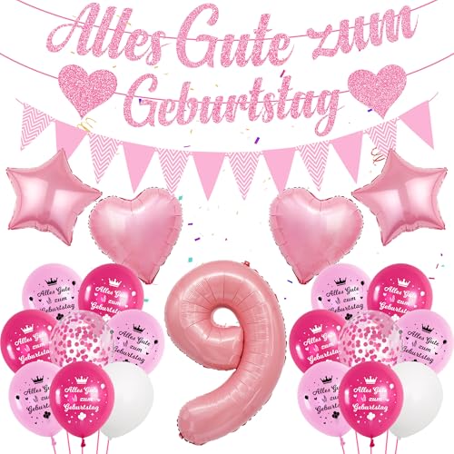 Deko Luftballon 9. Geburtstag Mädchen - Rosa 9 Geburtstag Deko, Alles Gute zum Geburtstag Banner, Zahl Ballon 9, Konfetti Luftballons, Partydeko für Mädchen zum 9 von Runyuzi