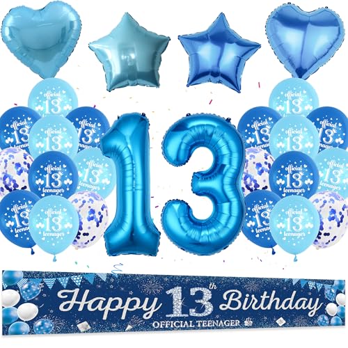 Deko 13. Geburtstag Junge Teenager - 31 Stück Blau 13. Geburtstagsdeko Ballons Zahl 13 Happy Birthday Banner Hintergrund Herz Folienballons Stern Luftballons für 13 jahre Mädchen Party Deko von Runyuzi