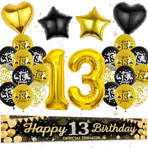 13. Geburtstagsdeko Schwarz Gold Junge - 31 Stück Offizielle Teenager Geburtstag Deko Folienballons Zahl 13 Happy Birthday Banner Hintergrund Herz Ballons Stern Luftballon für 13 jahre mädchen Party von Runyuzi