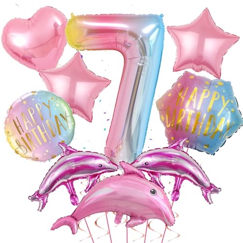 Delfin Luftballons 7.Geburtstag Dekorationens - Große Rosa Meerestier Dolphin Folienballons, Heliumballons Tiere Delfine Zahl 7 Ballon Happy Birthday Ballon für Unterwasserwelt Kinder Mädchen von Runyuzi