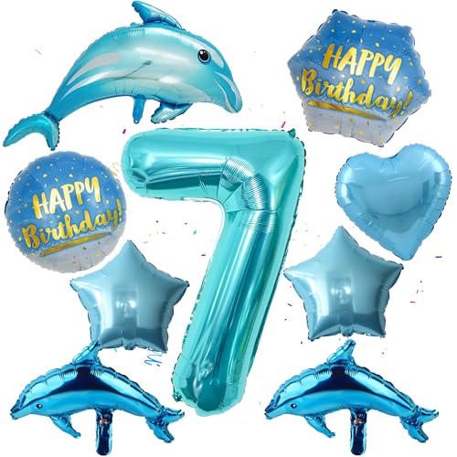 Delfin Luftballons 7.Geburtstag Dekorationens - Große blaue Meerestier Dolphin Folienballons, Heliumballons Tiere Delfine Zahl 7 Ballon Happy Birthday Ballon für Unterwasserwelt Kinder Mädchen Jungen von Runyuzi