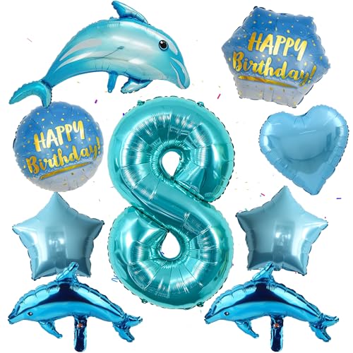 Delfin Luftballons 8.Geburtstag Dekorationens - Große blaue Meerestier Dolphin Folienballons, Heliumballons Tiere Delfine Zahl 8 Ballon Happy Birthday Ballon für Unterwasserwelt Kinder Mädchen Jungen von Runyuzi