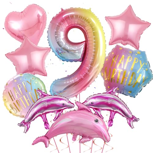 Delfin Luftballons 9.Geburtstag Dekorationens - Große Rosa Meerestier Dolphin Folienballons, Heliumballons Tiere Delfine Zahl 9 Ballon Happy Birthday Ballon für Unterwasserwelt Kinder Mädchen von Runyuzi