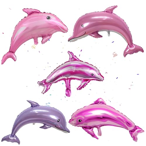 Dolphin Decorations Balloon Pink - 5 Stück Große Meerestiere Delfin Folienballons, Heliumballons Tiere Delfine, Rosa Lila Dolphin Foil Balloons for Kinder Birthday Party Decorations Sea Animals Theme von Runyuzi