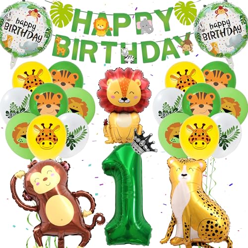 Dschungel Deko 1. Geburtstag Junge - Wild One Geburtstag Deko, Happy Birthday Banner, Kindergeburtstag Deko 1 Jahr, Zahlenballon 1, Löwen Affenballons für Kinder Safari Jungle Theme Party von Runyuzi