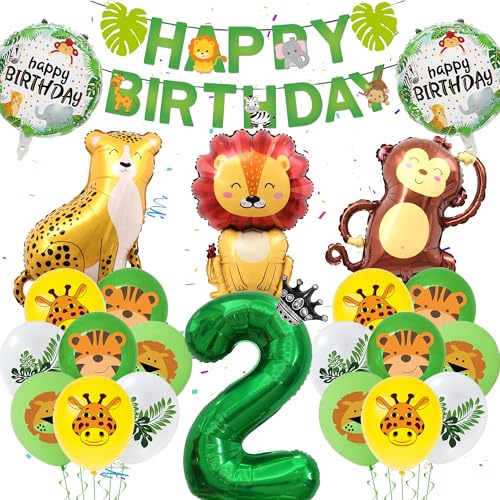 Dschungel Deko 2 Geburtstag - 2 Geburtstag Junge Mädchen, Happy Birthday Banner, Dschungel Kindergeburtstag Deko 2 Jahre, Zahlenballon 2, Löwen, Affen Ballons für Kinder Geburtstag Jungle Theme Party von Runyuzi