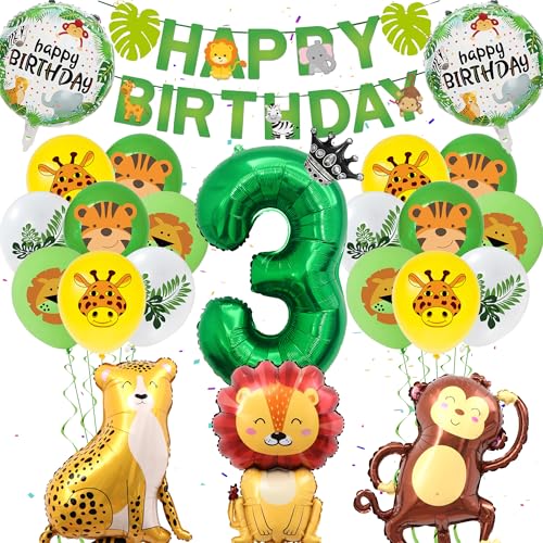 Dschungel Deko 3. Geburtstag Junge - Dschungel Geburtstag Deko, Happy Birthday Banner, Kindergeburtstag Deko 3 Jahre, Zahlenballon 3, Löwen Affenballons für Kinder Safari Jungle Theme Party von Runyuzi