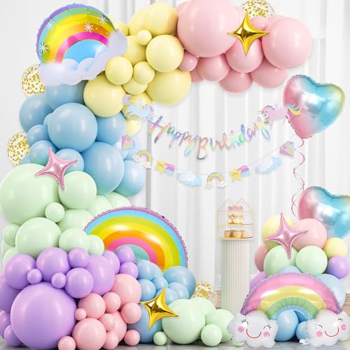 Pastell Geburtstag Deko Mädchen Girlande - 138 Stücke Regenbogen Geburtstagsdeko Happy Birthday Banner Lächelnde Regenbogen Wolken Folienballon Herz Luftballon für Kinder Babyparty Jubiläum Dekoration von Runyuzi