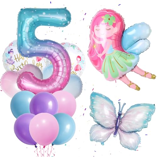 Fee Schmetterling 5. Geburtstag Deko - 13 Stück Kleine Fee Schmetterling Luftballons, XXL Schmetterling Folienballon, Rosa Blau Zahl 5 Luftballon, Süße Flügelfee Ballon für Mädchen Party 5. Geburtstag von Runyuzi