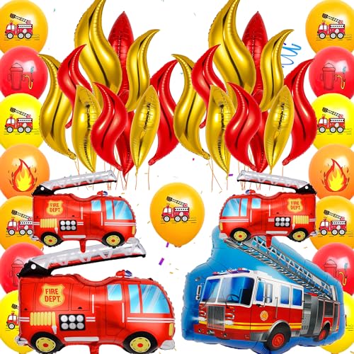 Feuerwehrauto Luftballons Kindergeburtstag Deko - 32 Stück Feuerwehrauto Deko Ballon, Feuerwehrauto Ballon, Goldene Rote Flammen Folienballons, Feuerwehr für Junge Feuerwehrauto Thema Party Deko von Runyuzi