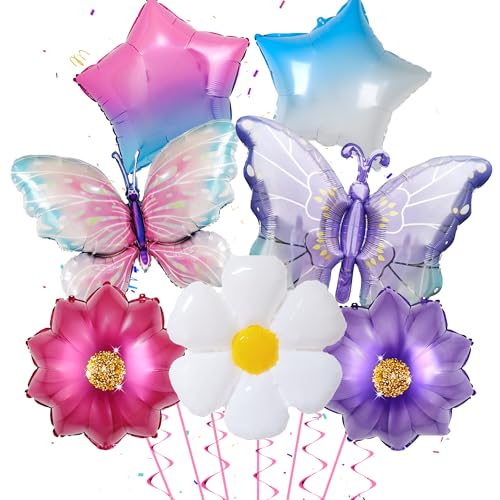 Lila Schmetterlingsthema Blumen Folienballon - 7 Stück Schmetterling Geburtstag Deko Lila Schmetterling Ballon Stern Folienballon Blumenballon für Mädchen Schmetterling Party Kinder Geburtstag Deko von Runyuzi