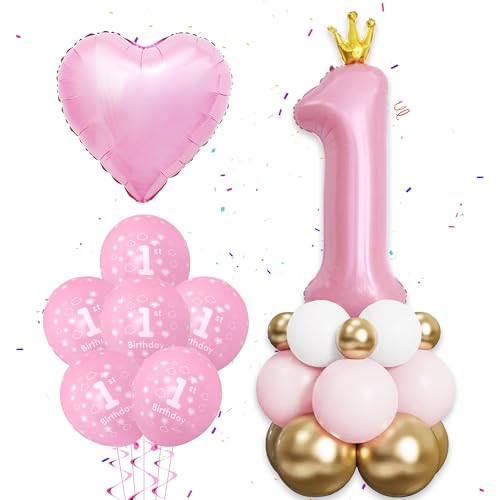 Luftballon 1. Geburtstag Rosa Mädchen - 28 Stücke 1 Jahr Geburtstag Deko Rosa Zahl 1 Folienballon mit Krone Birthday Ballon Herzluftballons für Kinder erster Geburtstagsdeko Babyparty Jubiläumsparty von Runyuzi