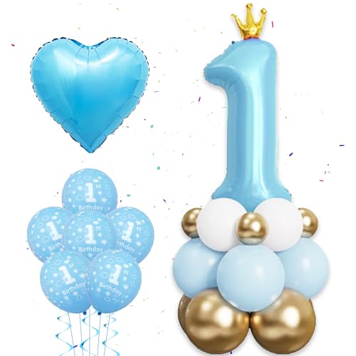 Luftballon 1. Geburtstag Blau Junge - 28 Stücke 1 Jahr Geburtstag Deko blaue Zahl 1 Folienballon mit Krone Birthday Ballon Herzluftballons für Kinder erster Geburtstagsdeko Babyparty Jubiläumsparty von Runyuzi