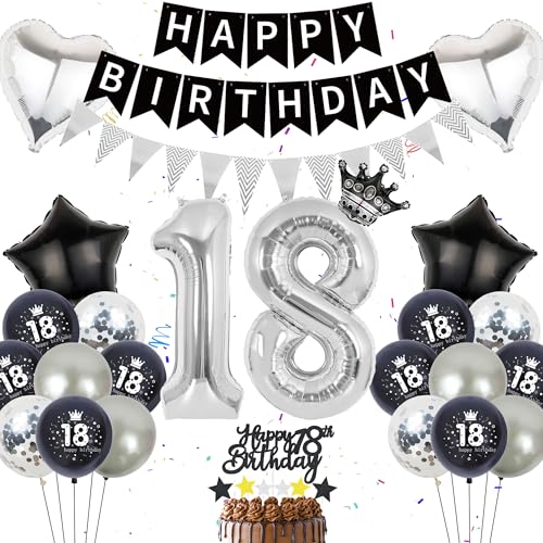 18. Geburtstag Deko Junge Mädchen - 55 Stück Schwarz Silber Deko, Happy Birthday Banners, Zahlenballons 18, Liebesstern Krone Folienballons Kuchendeko für die 18. Geburtstagsfeier von Runyuzi