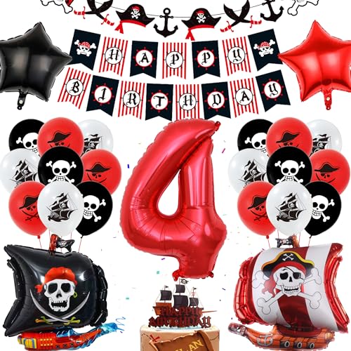 Piraten Kinder Geburtstagsballon 4 Jahre - 47 Stück Kinder Geburtstagsdeko Happy Birthday Banner Zahlen 4 Folienballon Piratenschiff Ballons Deko Tortendek für Mädchen Junge 4 Jahr Geburtstag von Runyuzi