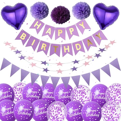 Geburtstagsdeko Luftballons Lila Frauen Mädchen - Happy Birthday Banners mit Wimpel Sternen Girlande Pompons, Konfetti Ballons für Alle Altersgruppen Kindergeburtstag Geburtstags Deko von Runyuzi